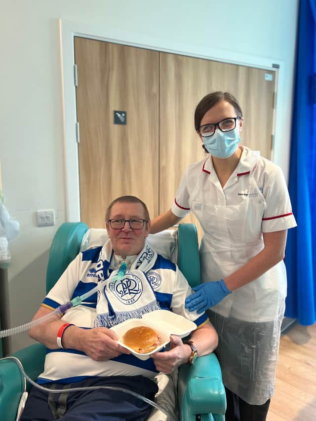 Steve Carr alongside his Speech and Language Therapist Shannon Sim and his ready-to-eat bacon roll (Credit: NHS England)