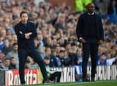  Frank Lampard (L) and Crystal Palace’s French manager Patrick Vieira react during the English Premier League  (Photo by OLI SCARFF/AFP via Getty Images)