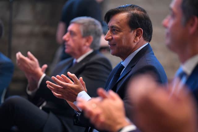 Lakshmi Mittal listens to speeches during an academic session at the Ghent city hall on September 28, 2021