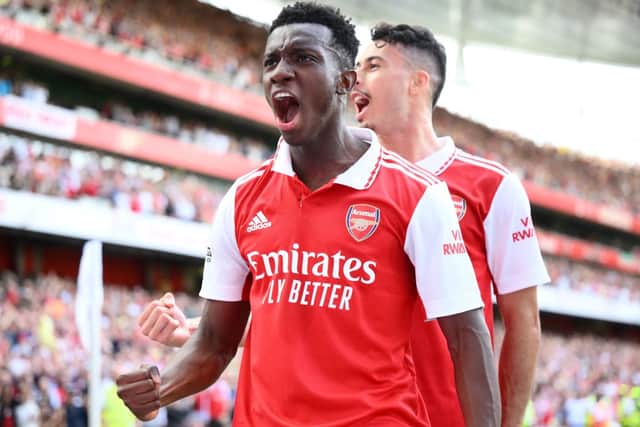 Arsenal’s English striker Eddie Nketiah celebrates with Arsenal’s Brazilian striker Gabriel Martinelli (back) after scoring his team’s second goal. Credit: DANIEL LEAL/AFP via Getty Images