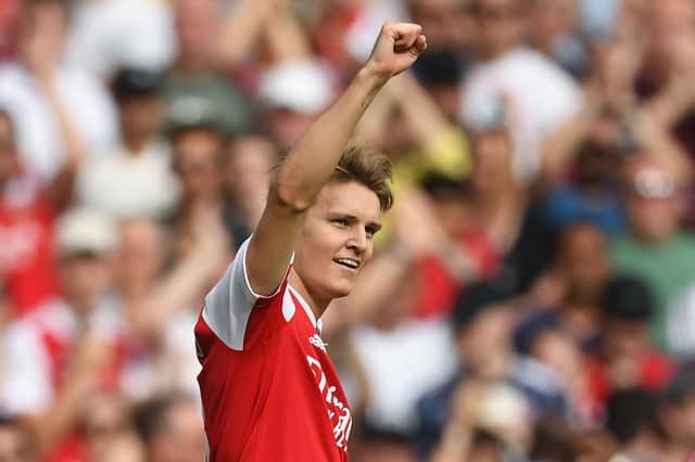 Martin Odegaard celebrates after scoring his team’s fifth goal. Credit: DANIEL LEAL/AFP via Getty Images