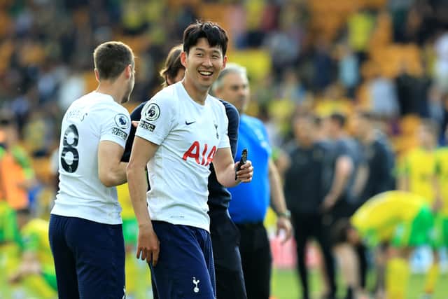  Son Heung-Min of Tottenham Hotspur celebrates after their victory during the Premier League match (Photo by David Rogers/Getty Images)