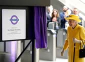 Queen Elizabeth II unveils a plaque to mark the Elizabeth line's official opening at Paddington Station on May 17, 2022 in London, England. (Photo by Andrew Matthews - WPA Pool/Getty Images)