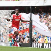 Eddie Nketiah celebrates scoring in what could be his final game for Arsenal. Credit: Stuart MacFarlane/Arsenal FC via Getty Images