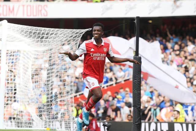 Eddie Nketiah celebrates scoring in what could be his final game for Arsenal. Credit: Stuart MacFarlane/Arsenal FC via Getty Images
