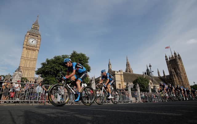 Cyclist race by Big Ben during the inaugural RideLondon event in 2013. (Photo: Getty)