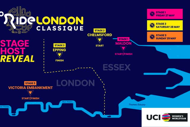 The route for the three stages of the RideLondon Classique.