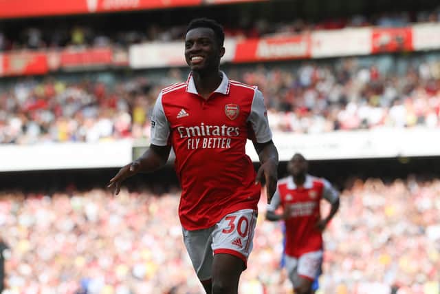 Eddie Nketiah of Arsenal celebrates after scoring during the Premier League match (Photo by Mike Hewitt/Getty Images)