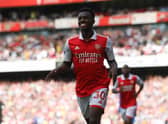 Eddie Nketiah of Arsenal celebrates after scoring during the Premier League match (Photo by Mike Hewitt/Getty Images)