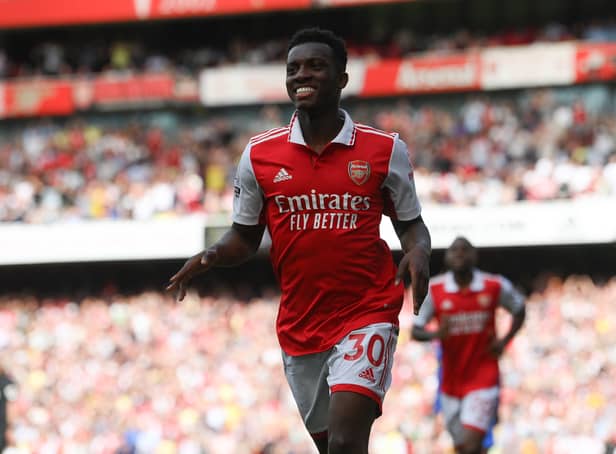 <p>Eddie Nketiah of Arsenal celebrates after scoring during the Premier League match (Photo by Mike Hewitt/Getty Images)</p>