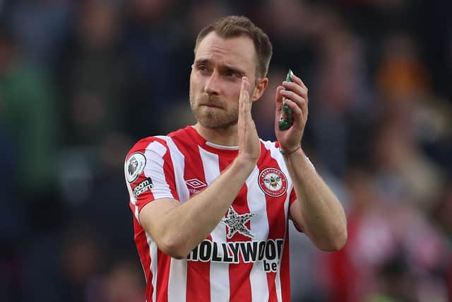 Christian Eriksen of Brentford applauds the fans after their sides draw during the Premier League (Photo by Eddie Keogh/Getty Images)