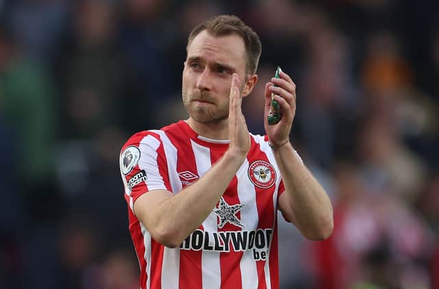 Christian Eriksen of Brentford applauds the fans after their sides draw during the Premier League (Photo by Eddie Keogh/Getty Images)
