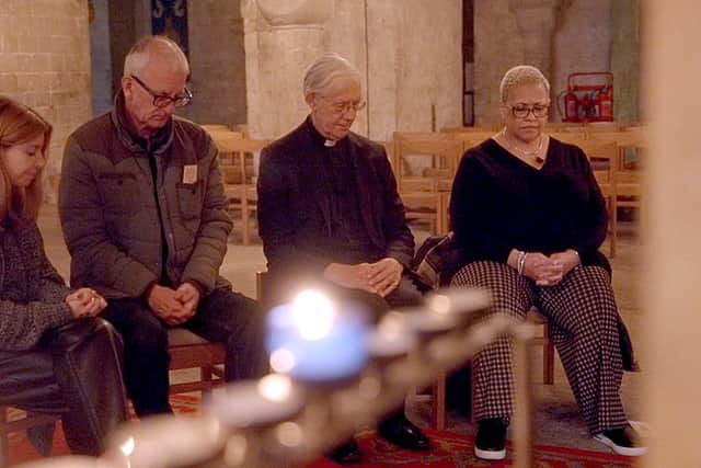 Stacey Dooley, far left, Chris, left, the Dean of Canterbury, Dr Robert Willis, right, and Mina, far right. Photo: BBC / True Vision East / Jermaine Blake