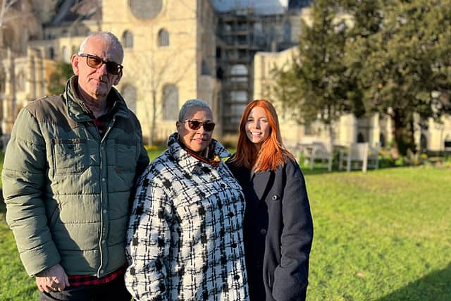 Mina Smallman, centre, with husband Chris, left, and Stacey Dooley, right. Photo: BBC / True Vision East / Jermaine Blake