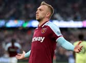 Jarrod Bowen of West Ham United celebrates scoring their side's first goal during the Premier League match (Photo by Julian Finney/Getty Images)