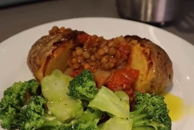 Claudia Marquis’ lentil stew with a baked potato and broccoli.