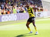 Emmanuel Dennis of Watford FC celebrates after scoring their team's first goal during the Premier League  (Photo by Luke Walker/Getty Images)