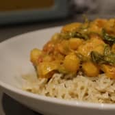 Vegan chickpea stew with spinach and rice. Credit: Claudia Marquis
