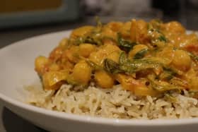Vegan chickpea stew with spinach and rice. Credit: Claudia Marquis