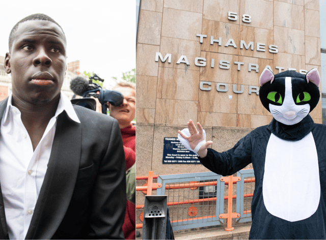 Arriving at court today (Wednesday, June 1), Zouma was greeted by a crowd of press, including one person in a giant cat costume. Photo: SWNS