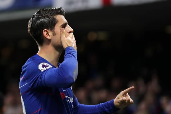 Alvaro Morata of Chelsea celebrates after scoring his team's first goal during the Premier League (Photo by Richard Heathcote/Getty Images)