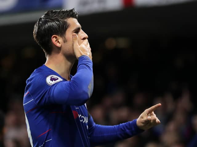 Alvaro Morata of Chelsea celebrates after scoring his team's first goal during the Premier League (Photo by Richard Heathcote/Getty Images)