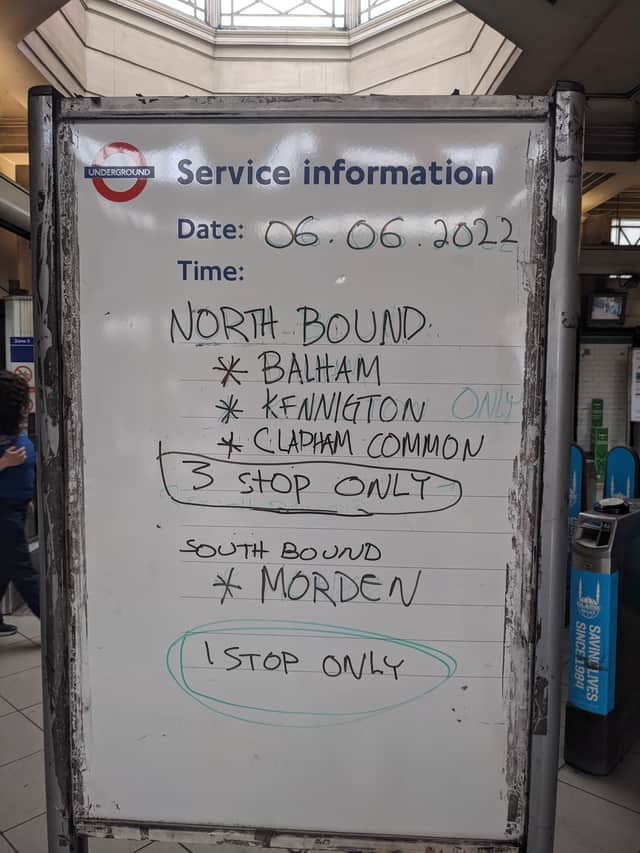 The Northern line is currently running between Morden and Kennington but only stopping at Tooting Broadway, Balham and Clapham Common.
