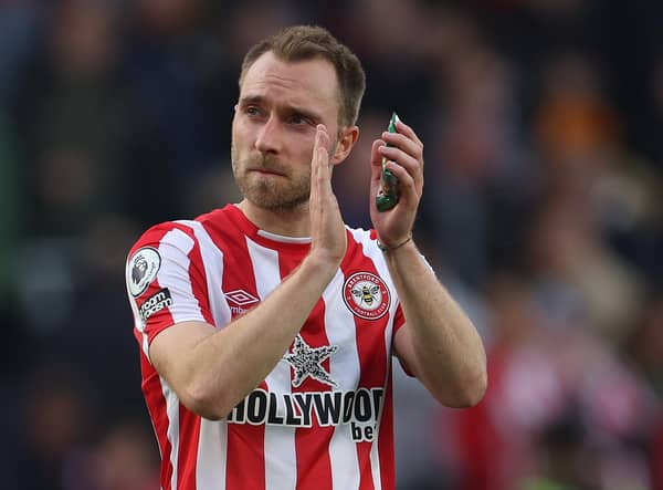 Christian Eriksen of Brentford applauds the fans after their sides draw during the Premier League (Photo by Eddie Keogh/Getty Images)