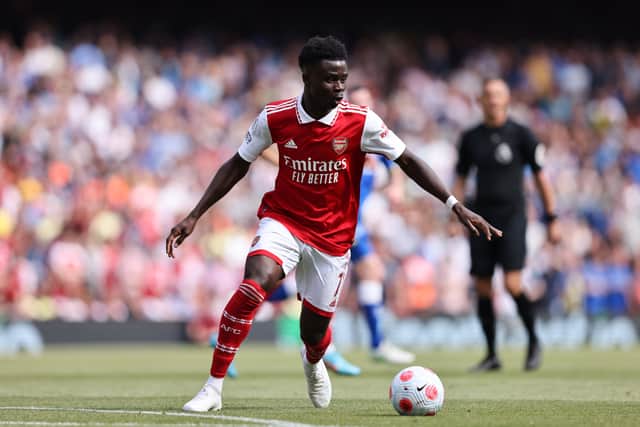 Bukayo Saka of Arsenal during the Premier League match between Arsenal and Everton at Emirates Stadium  (Photo by Marc Atkins/Getty Images)