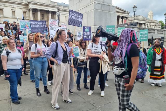 Chantelle Lunt addressing the crowd in Trafalgar Square. Photo: LondonWorld