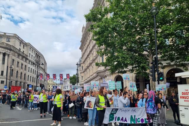 Protestors marching down Whitehall. Photo: LondonWorld