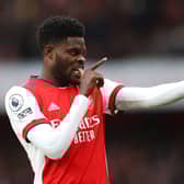 Thomas Partey of Arsenal celebrates after scoring their side’s first goal (Photo by Catherine Ivill/Getty Images)