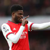 Thomas Partey of Arsenal celebrates after scoring their side’s first goal (Photo by Catherine Ivill/Getty Images)