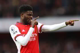 Thomas Partey of Arsenal celebrates after scoring their side’s first goal (Photo by Catherine Ivill/Getty Images)