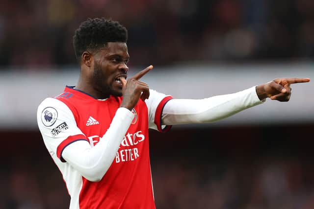 Thomas Partey of Arsenal celebrates after scoring their side’s first goal (Photo by Catherine Ivill/Getty Images)