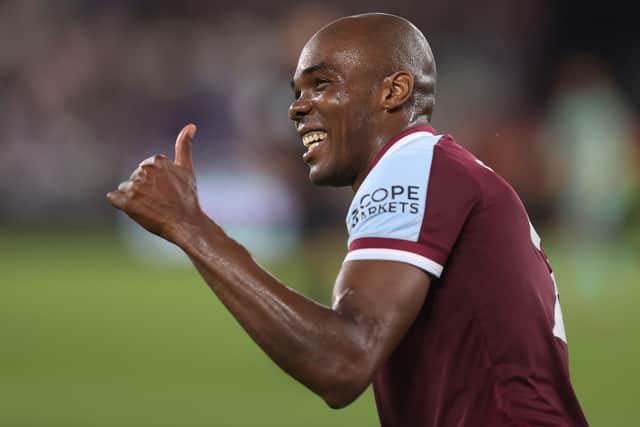 Angelo Ogbonna of West Ham United celebrates during the Premier League match  (Photo by Julian Finney/Getty Images)