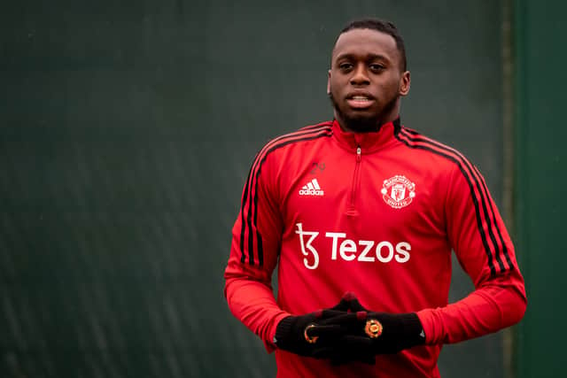 Aaron Wan-Bissaka of Manchester United in action during a first team training session (Photo by Ash Donelon/Manchester United via Getty Images)