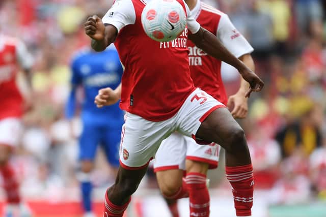 Eddie Nketiah of Arsenal during the Premier League match (Photo by Stuart MacFarlane/Arsenal FC via Getty Images)