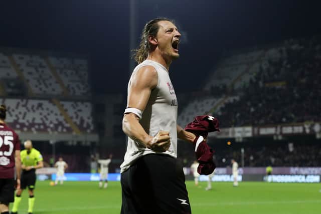 Milan Djuric of US Salernitana celebrates after scoring the 2-1 goal during the Serie A match (Photo by Francesco Pecoraro/Getty Images)
