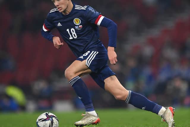 Scotland player Aaron Hickey in action during the international friendly match (Photo by Stu Forster/Getty Images)