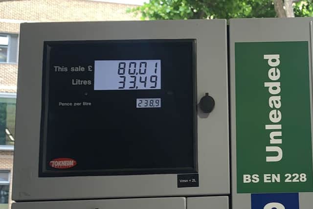 The price of petrol at the Gulf garage, in Sloane Avenue, South Kensington, on Thursday, where petrol cost £2.38 per litre. Credit: Claudia Marquis