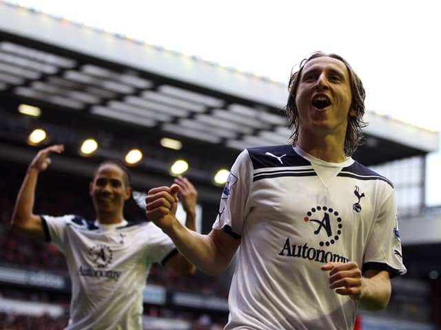 Luka Modric of Spurs celebrates after scoring his team’s second goal from the penalty spot  (Photo by Michael Steele/Getty Images)