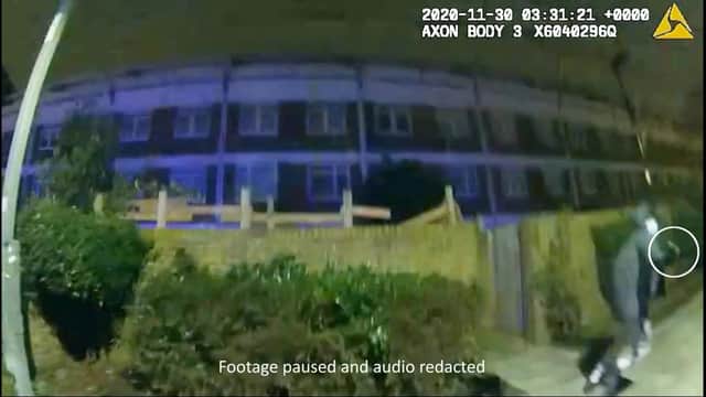 PC Elwood was chasing the gunman on foot after officers were called to a shooting at a recording studio in Woolwich in November 2020. Credit: Metropolitan Police / SWNS.COM