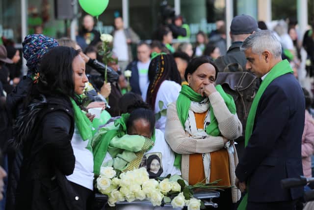 Mayor of London Sadiq Khan met with families of the victims outside of Grenfell Tower, ahead of the wreath laying ceremony for the second anniversary