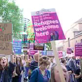 Demonstrators protest outside the Home Office in London against plans to send migrants to Rwanda.