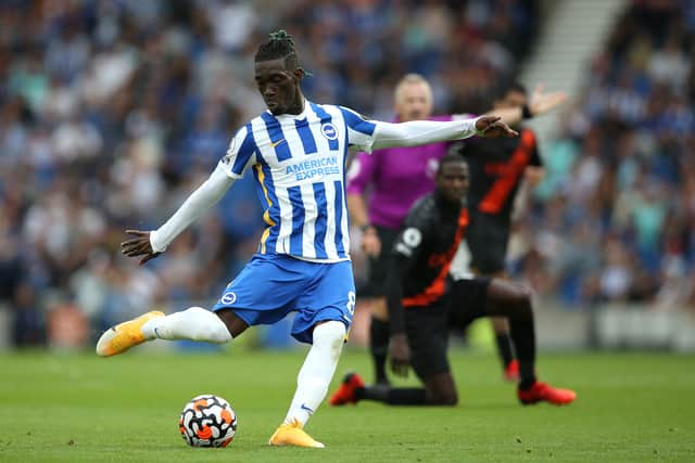 Yves Bissouma of Brighton and Hove Albion has a shot on goal during the Premier League match  (Photo by Steve Bardens/Getty Images)