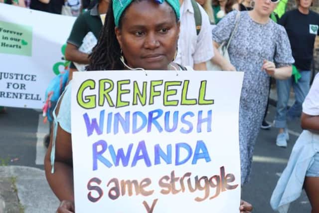 Protestors used the event to highlight other social injustices like the Windrush and Rwanda deportations.