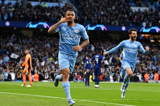 Gabriel Jesus of Manchester City celebrates after scoring their side's second goal (Photo by David Ramos/Getty Images)