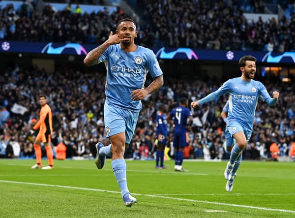 Gabriel Jesus of Manchester City celebrates after scoring their side's second goal (Photo by David Ramos/Getty Images)