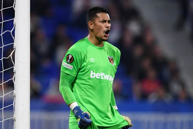 Alphonse Areola of West Ham United reacts during the UEFA Europa League Quarter Final Leg Two match (Photo by Claudio Villa/Getty Images)